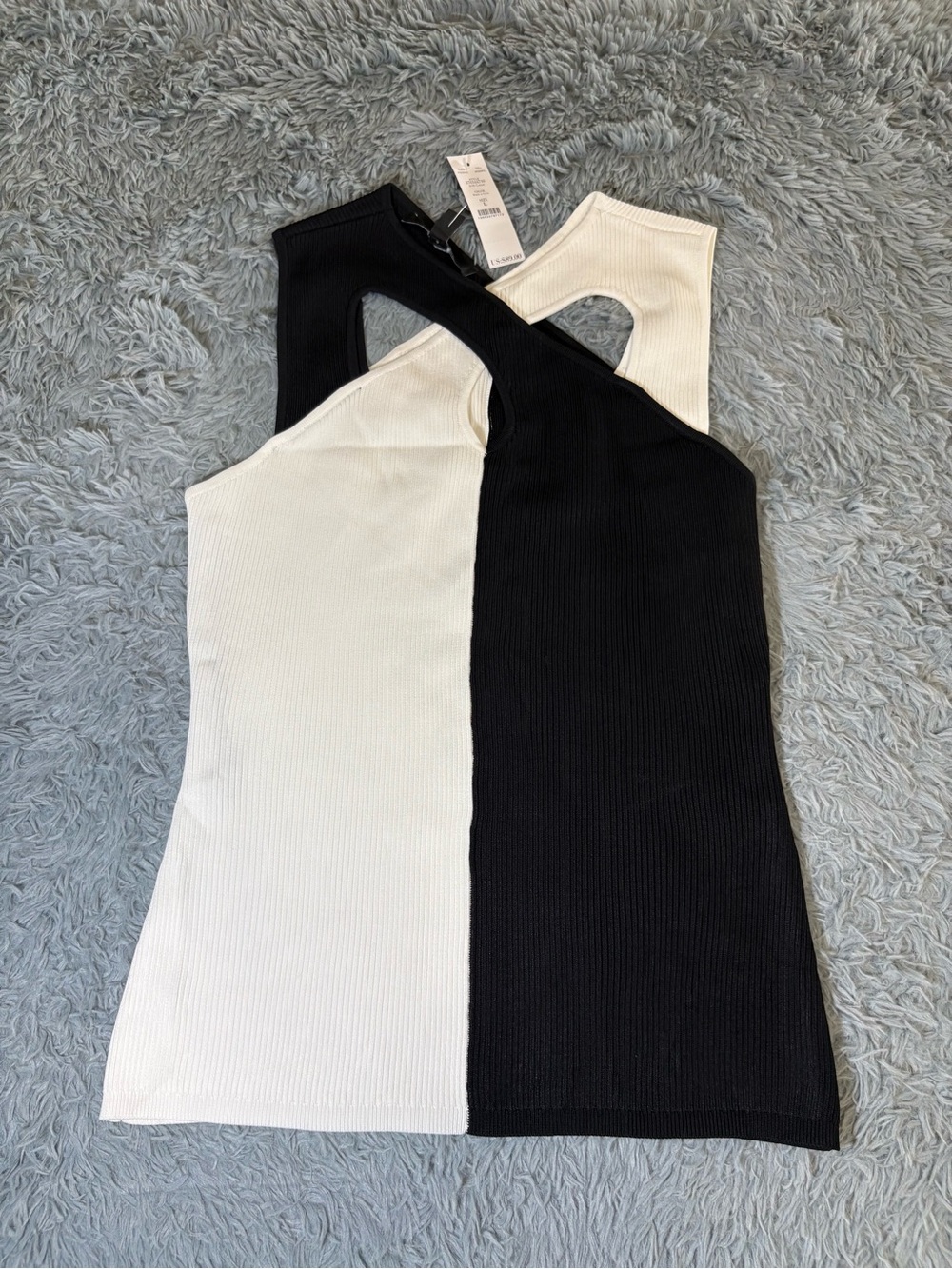 White House Black Market Black and White Asymmetrical Colorblock Ribbed Tank